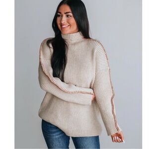 Listicle Ribbed Mock Neck Contrast Stitch Sweater